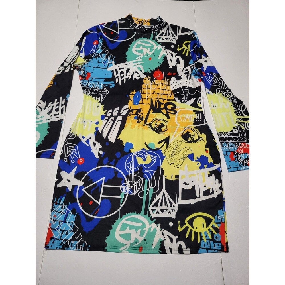 (#19) Women's Multicolored Graffiti Bodycon Shirt Dress, Size 3XL Long Sleeve